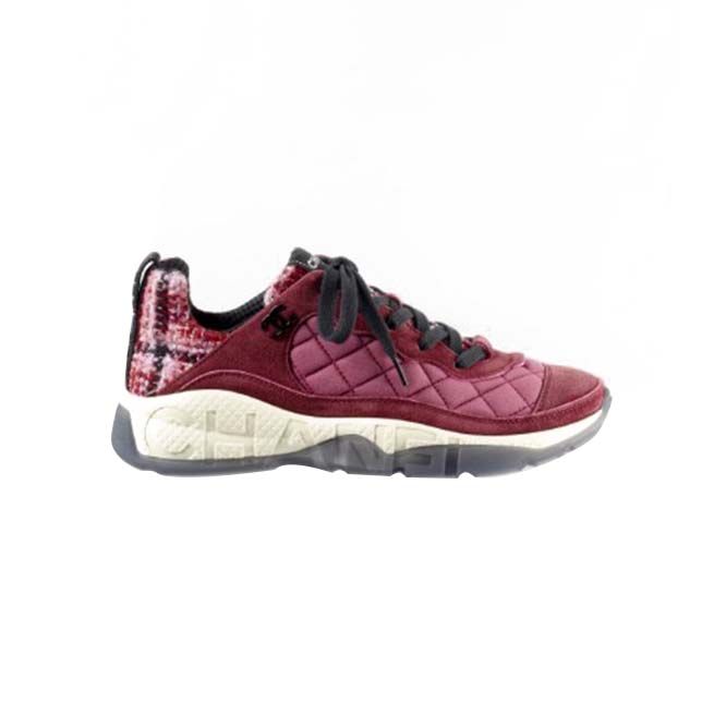 CHANEL SNEAKERS 		FABRIC, TWEED & SUEDE CALFSKIN			LIGHT BURGUNDY, PINK & BLACK G39234 Y55990 K47